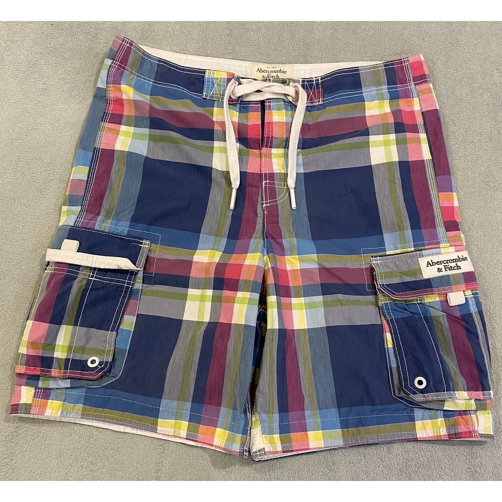 Abercrombie & Fitch Mens XL Swim Trunks Shorts Blue Pink Plaid Drawstring